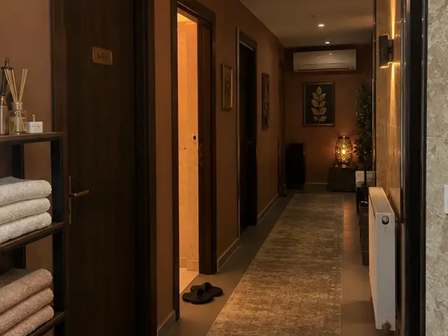 Havlu rafı ve terlikleriyle salon koridoru — Mimaroba, Masaj Salonun